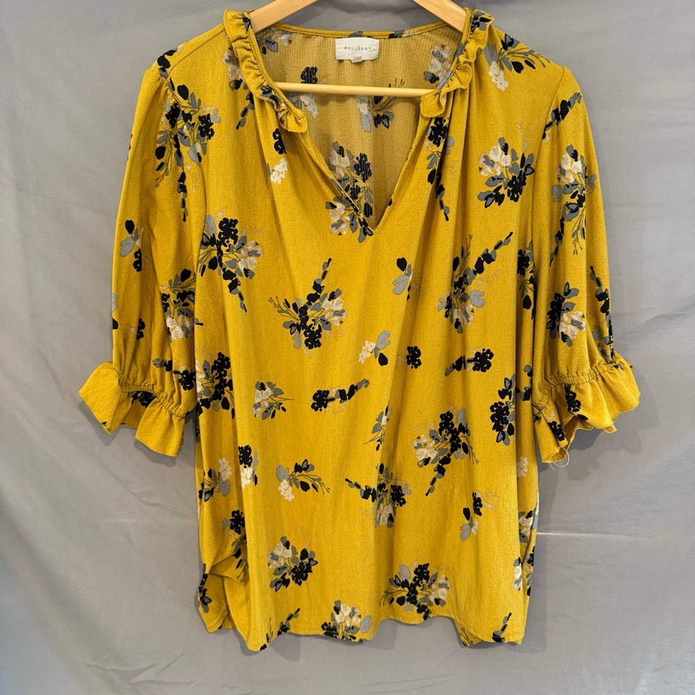 Melloday Women’s 1X Yellow Floral V-Neck Blouse 3/4 Sleeve Casual Ruffle Colla